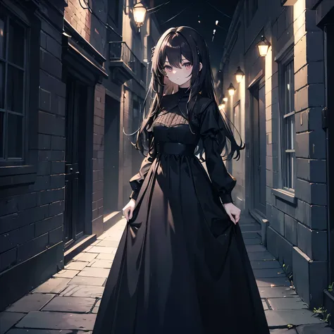 Best quality, masterpiece, A tall, very pale, thin, dark-haired girl dressed in black long dress stands on an empty dark alley of the night city