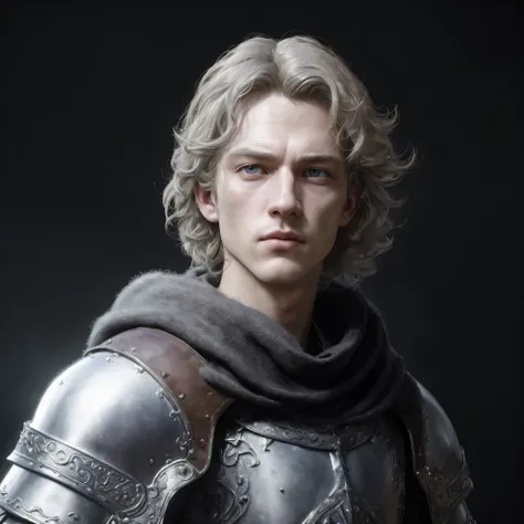 Renaissance style, UHD, perfect composition, ((Extremely realistic)) ((Extremely detailed)) ((anatomically correct)) full body portrait of a white cordial ((young man)) knight with wind-swept ((short sandy-blond hair)) and a (diamond shaped face) with (((g...