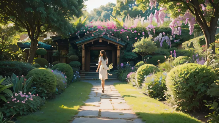 Exploring Natures Wonders: Generate an image of Lily walking along a winding path in the garden, with various fantastical plants and colorful butterflies fluttering around her, showcasing the magic of this hidden place.