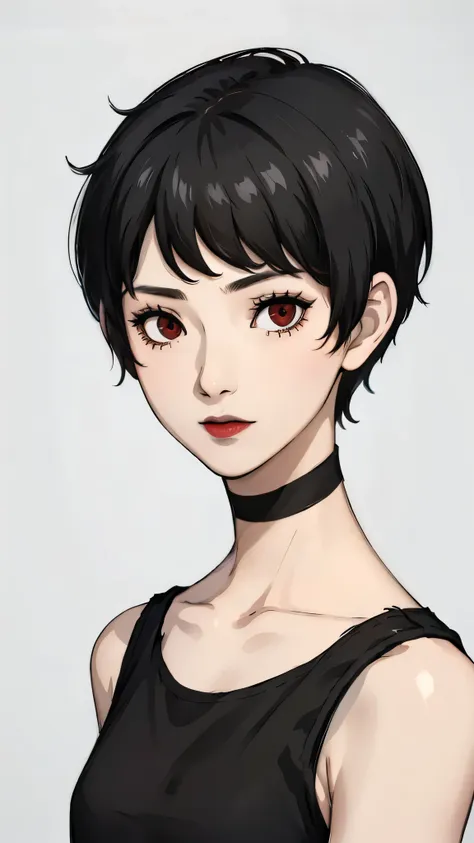 1 girl, very short hair, tomboy pixie haircut, black hair, red eyes, black lipstick, black lipstick, face portrait, black choker...