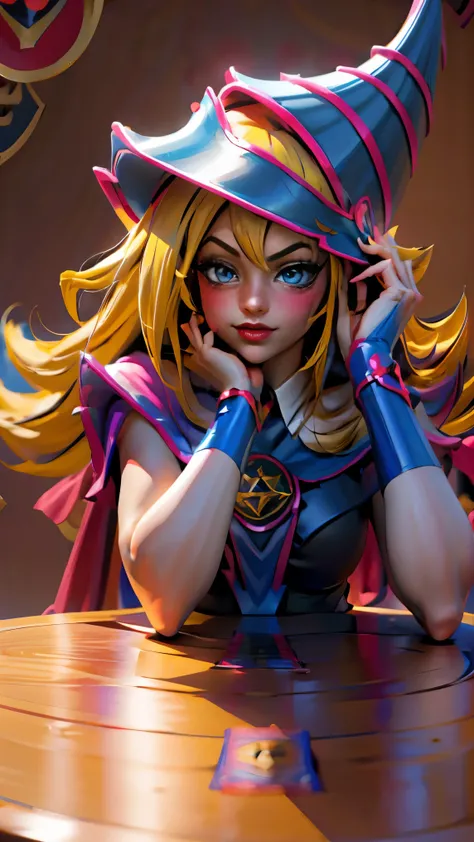 Dark magician gils coming out of a playing card. Half body shot.  She comes out from the center of the queen of hearts card.. long blonde hair. blue eyes. red lips. Big eyelashes. Blush on the cheek. Stand up. smile. Playing card background.