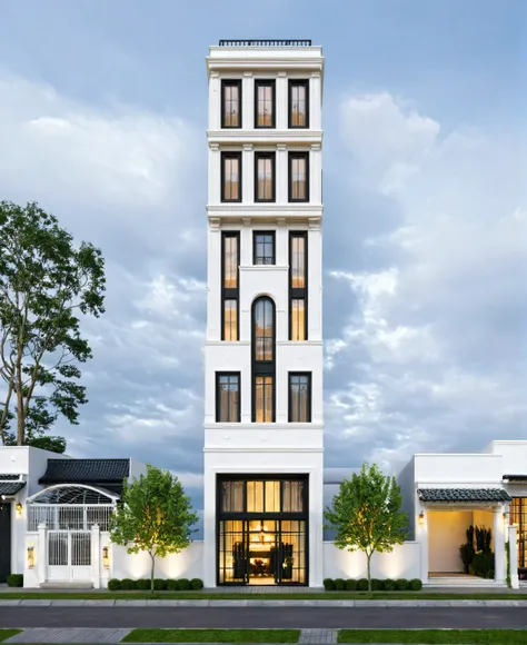 neo classic building, classic style, white paint, open space loft villa with roof garden, modern, dynamic (RAW photo, real, best quality, masterpiece:1.2), (hyper realistic, photo-realistic:1.2), high quality, (dark lighting:1.2), perfect lighting, archdai...
