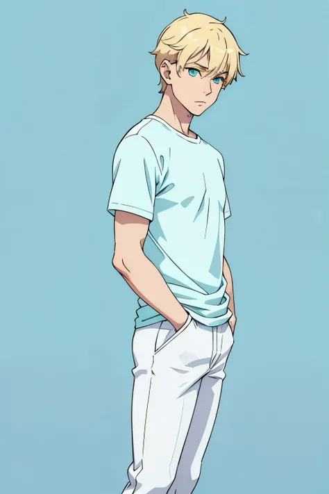 pastel blue and white background. blonde guy with green eyes in a pastel blue tshirt and white pants standing