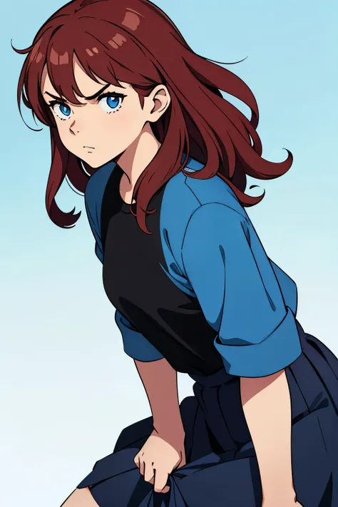 pastel blue and white background. a young angry thirteen year old girl with wavy long brown hair and red highlights in a black shirt and blue skirt facing the viewer