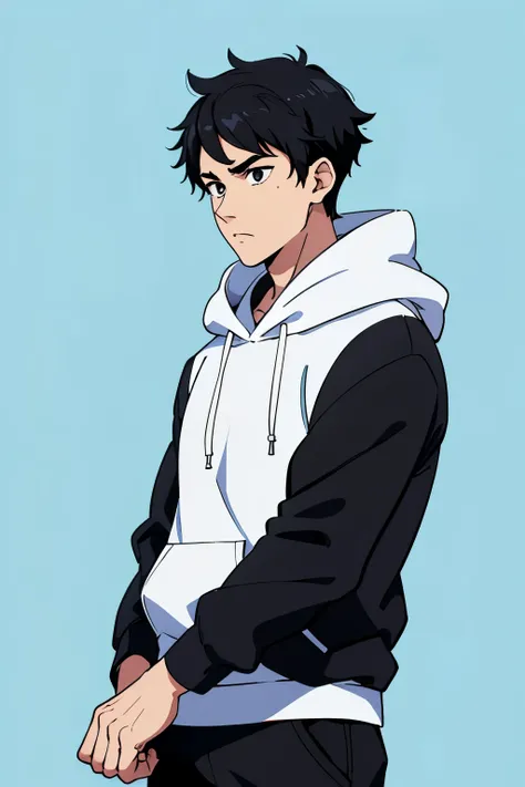 pastel blue and white background. stoic guy with black hair and black eyes in a black hoodie and black pants