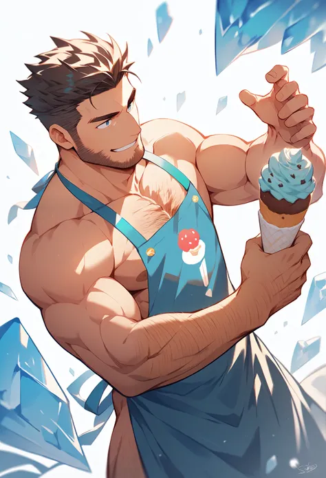 1 man, masterpiece top quality, simple white background, pumped chest, dynamic movements, provocative look, hairy body, thick, nude apron, Ice cream shop, ice cream, fruit