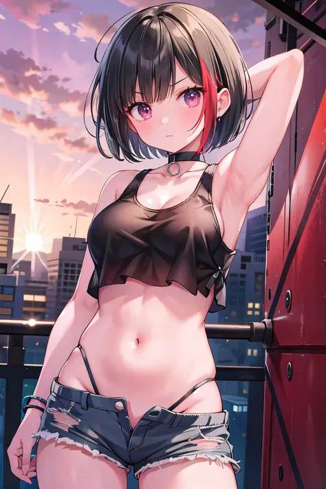 very large breasts　sheer tank top　shorts　choker　　red mesh　black bob　landscape　looking to the side　side　armpit　raising his arms　お...