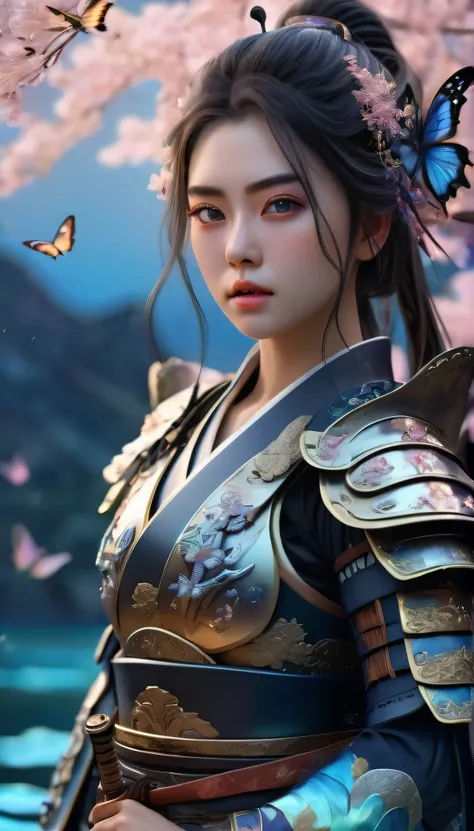 Extremely long shot photography. A beautiful girl, wearing complex samurai Armor, holding light Katana. detailed portrait, beautiful eyes, long eyelashes, beautiful lips, ethereal butterflies, bioluminescent glow, bioluminescent plants, pastel hues, crysta...