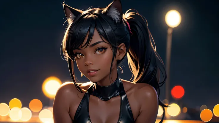 1_girl, Alone, (high resolution, Upper body, soft leather:1.2),(best illustration,masterpiece:1.2),ultra detailed,[(Cat ears , black inside:1.2, black ponytail hair, golden eyes, cat eyes, dark skin),bright colors,sharp focus,studio lighting,bokeh, She is ...