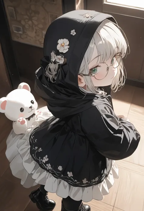 1girl\(cute,little kid, white skin, pale skin,(wearing ((simple)) black hood:1.4),(black robe\(hood,white embroidery flower patt...