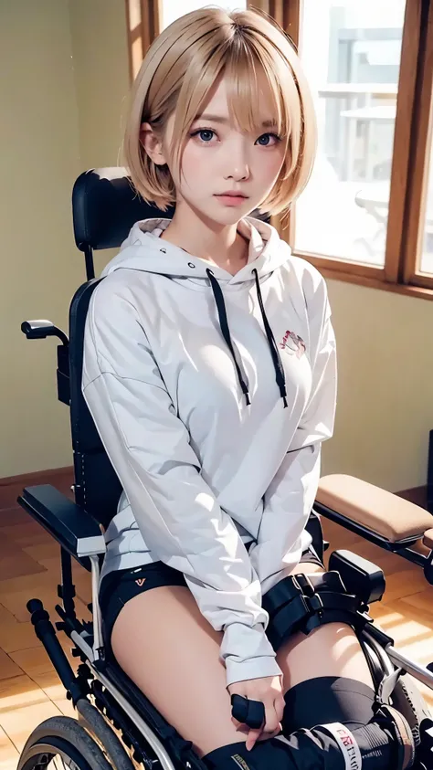 anime style, 20 years old Japanese woman, short blonde hair, black eyes, sharp gaze, slim build, determined expression, 160cm tall, wearing casual clothes (long-sleeved shirt or hoodie, stretch pants), using a modern compact electric wheelchair, leg braces...