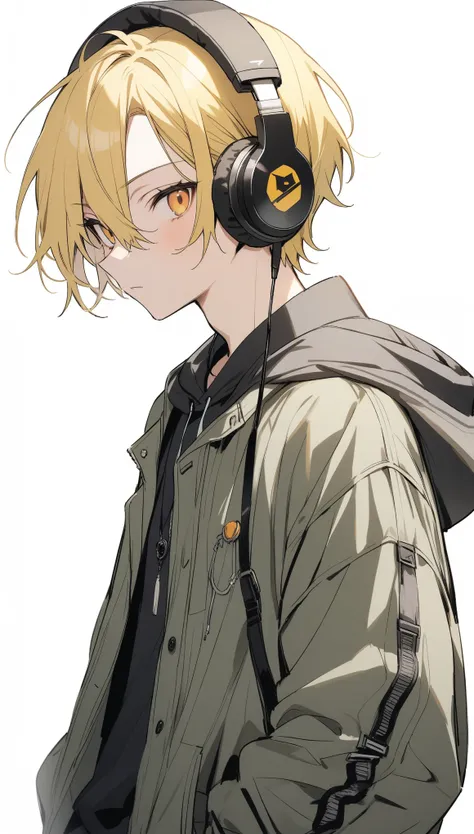 {{masterpiece}}, ,Attention to detail,One Man、18 years old、good looking、Yellow Hair、((White background)),from front、Headphones、Contemporary Fashion