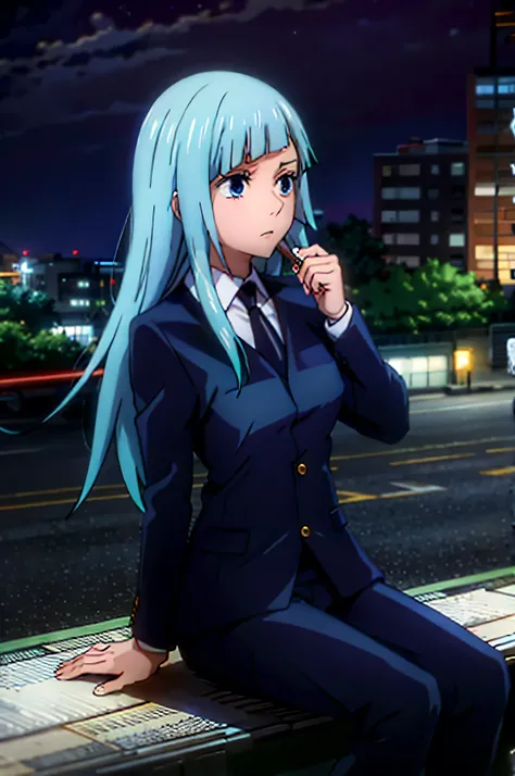 score_9,score_8_up,score_7_up,score_6_up, source_anime, zPDXL3, girl, dynamic pose, sitting, long hair, aqua hair, blunt bangs, blue eyes, suit and tie, suit jacket, suit pants, dark city streets, solo, empty streets, neon lights, night, darkness,