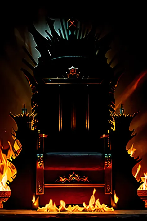 (Crown sitting on a throne alone)), (throne), (crown), dragonic, dragon, hellish, medieval, Crown on throne alone, hell, fire, crown alone, throne alone, ((empty throne)), only throne, crown laying on throne