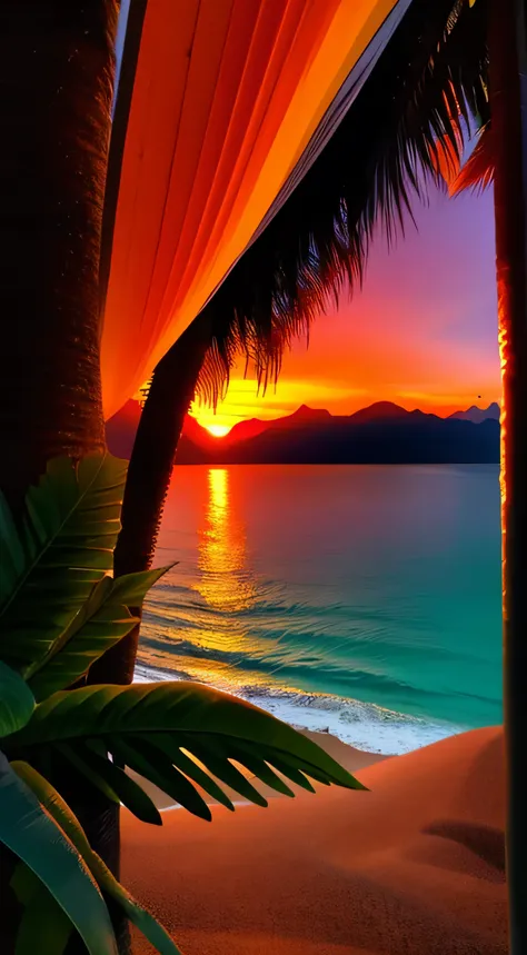 Overlooking a lush tropical island, Gentle waves on the beach, Palm trees, Dense rainforest in the hills. Dramatic orange sunset.
High Contrast, High saturation, Very detailed, High image quality, masterpiece, Volumetric Light, light, Vibrant colors, Depth...