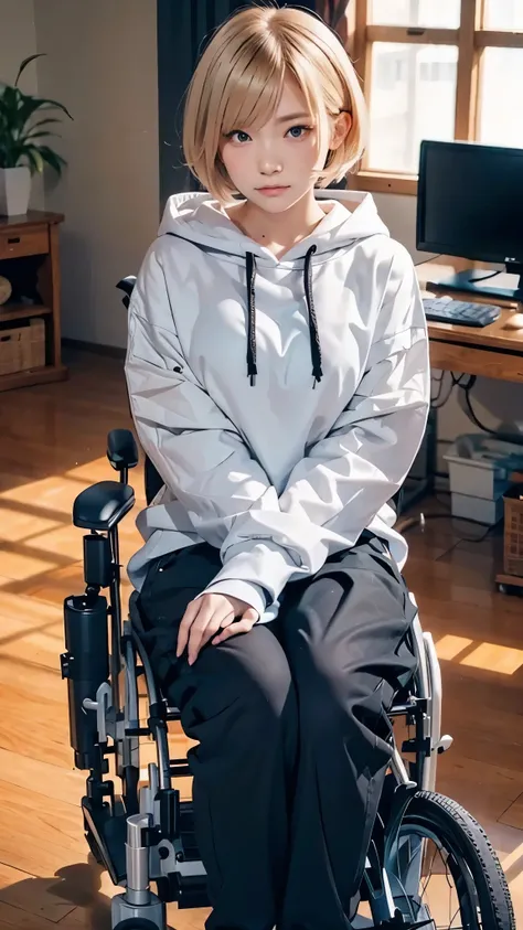 anime style, 20 years old Japanese woman, short blonde hair, black eyes, sharp gaze, slim build, determined expression, 160cm tall, wearing casual clothes (long-sleeved shirt or hoodie, stretch pants), using a modern compact electric wheelchair, leg braces...