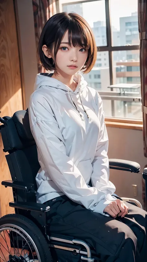 anime style, 20 years old Japanese woman, short blonde hair, black eyes, sharp gaze, slim build, determined expression, 160cm tall, wearing casual clothes (long-sleeved shirt or hoodie, stretch pants), using a modern compact electric wheelchair, leg braces...