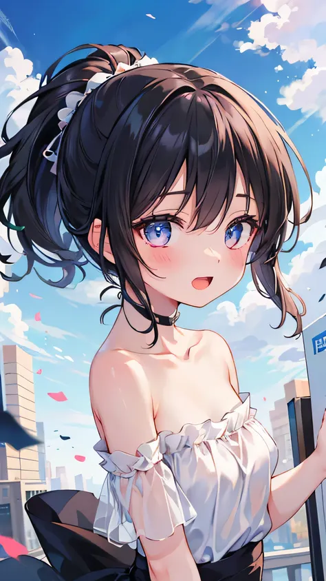 (8k, best quality, master piece: 1.2),super high resolution,1 girl, solo, colorshift eyes, hyperdetailed, expressive eyes, ultra-detailed face, long dress、ponytail, Random hairstyle、black  hair, Wind Shopping、 sky, Collarbone, Ecstatic expression,