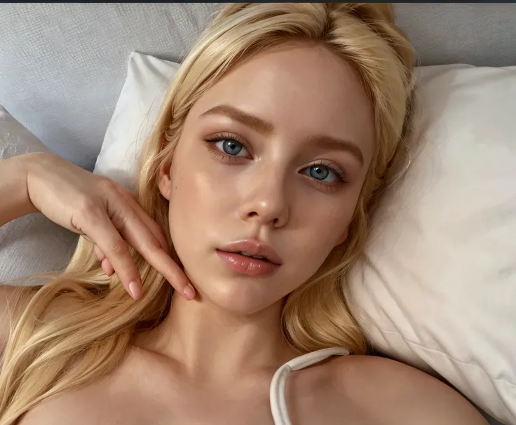 blonde woman laying in bed with white pillow and white pillow, instagram model, jaw dropping beauty, jaw-dropping beauty, a gorgeous blonde, sexy face, angie glocka, face like ester exposito, sexy face with full makeup, alana fletcher, yelena belova, 18 ye...