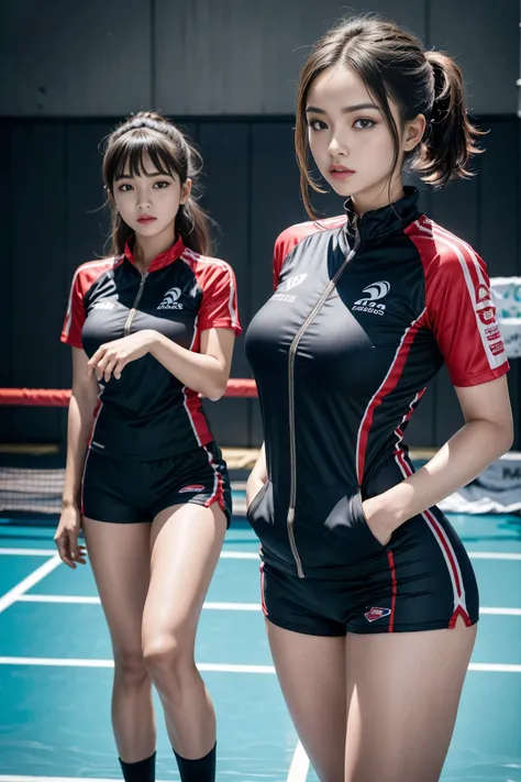 Arav woman in diving suit poses during badminton match, and shorts streetwear, Sports Fashion Photography, sports and shorts, Hero Muay Thai Stance, mma left-handed stance, shorts, Sports and shirts, Mina Petrovich, mandy jurgens 8 k 1 5 0 mpx, Short statu...