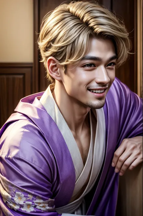 masterpiece, best quality, extremely detailed, hyperrealistic, photorealistic, a cool 20s man, ultra detailed face:1.2, double eyelid, light beige hair, purple kimono, perm hair, short hair, laughing, standing