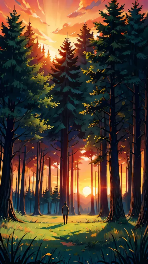 a forest, sunset, tall grass.