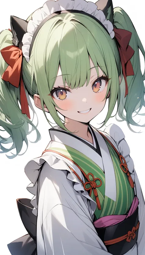 {{masterpiece}}, ,Attention to detail,One Woman、18 years old、((White background)),(from front)、smile、kimono、Japanese style maid、Twin tails、Green Hair