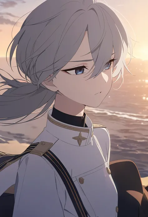 He had a black eye., calm down, (Androgynous men), Grey hair blowing in the wind, Take in the view, (Very detailed), Modest clothing, Beautiful Eyes