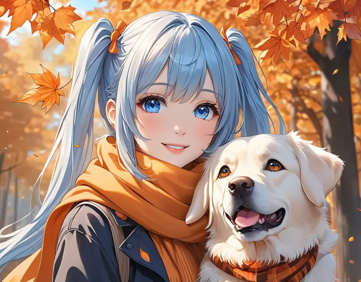 Light blue long hair、Beautiful girl with twin tails、Adorable smile、Anime girl with blue eyes and orange scarf, Walking through a forest of bright autumn leaves、With my beloved Labrador retriever、A cold morning with autumn leaves、Detailed portrait of an ani...