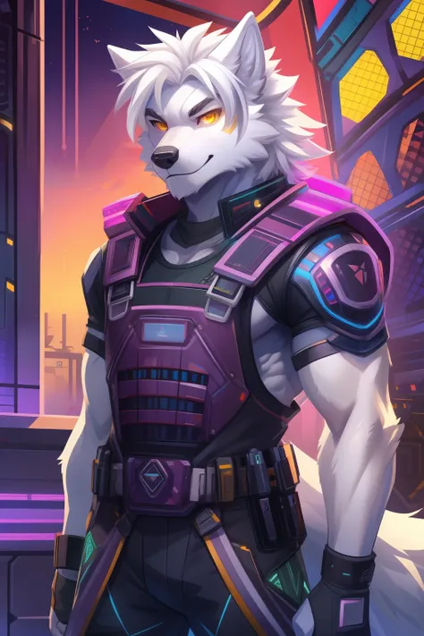 cyber punk perssonage，epcot，Tech style，solo person，binh，White body，White ears，White hair，Overall white，Orange-yellow eyes，Wolf tail，Wolf orcs，adult，Wear a short-sleeved shirt、Body armor，Ultra-clear screen，Soft lines