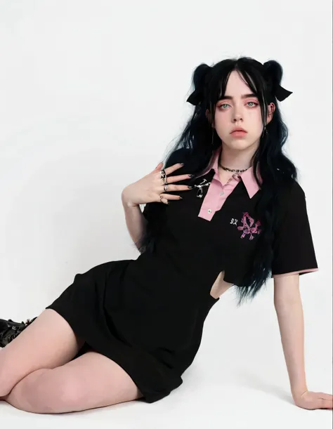 araffe woman in a black dress and pink shirt laying on the floor, witchcore clothes, ulzzang, cruel korean goth girl, open v chest clothes, black and pink dress, jk uniform, pastel goth aesthetic, cut out, y 2 k style, y2k style, goth punk clothes, cutecor...