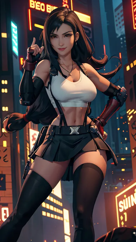 (8K, best quality, masterpiece:1.2), (actual, photo-actual), Super detailed, 1 girl,Lovely, alone, (Tifa Lockhart), (huge breasts), (Smile:1.2), (Keep your mouth shut), posture, 摆posture, neon lights, city View, depth of field, depth of field, good composi...