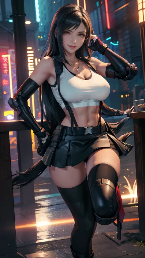 (8K, best quality, masterpiece:1.2), (actual, photo-actual), Super detailed, 1 girl,Lovely, alone, (Tifa Lockhart), (huge breasts), (Smile:1.2), (Keep your mouth shut), posture, 摆posture, neon lights, city View, depth of field, depth of field, good composi...