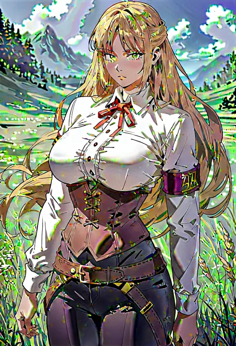 score_9, score_8_up, score_7_up, score_6_up, source_anime, rating_explicit, 1girl, (solo:1.1), huge breasts, long hair, blonde hair, green eyes, clothes1, red ribbon, neck ribbon, white shirt, collared shirt, belt, long sleeves, armband, brown corset, blac...