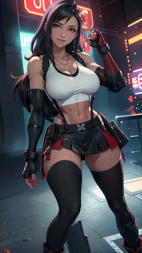 (8K, best quality, masterpiece:1.2), (actual, photo-actual), Super detailed, 1 girl,Lovely, alone, (Tifa Lockhart), (huge breasts), (Smile:1.2), (Keep your mouth shut), posture, 摆posture, neon lights, city View, depth of field, depth of field, good composi...