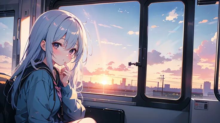 Anime girl sitting on a train looking out the window, Cute anime portraits, Portrait of Rofi at a window, cute anime girls, Portrait of Rofi, lo-fi girl, anime girl portrait, Art in the Gweiz style, High quality portraits, As the sun sets, attractive anime...