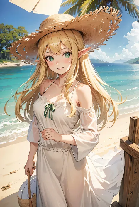 One Girl, Long Hair, Big smile, blonde, green eyes, White dress, Straw hat, High Resolution Model, Elf, Okinawa, Beach, Fisheye, 