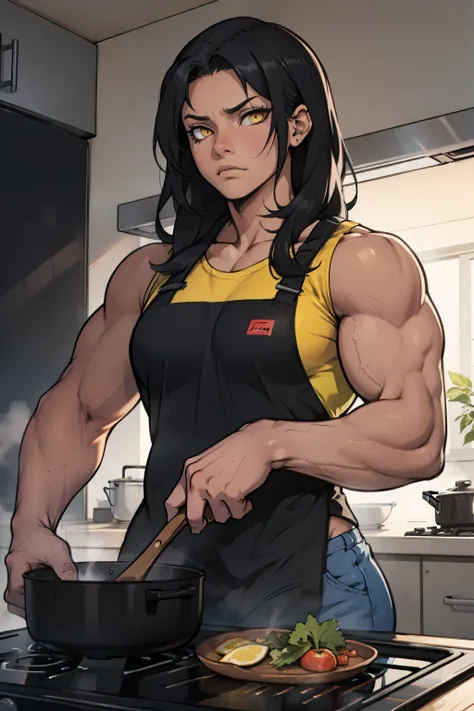 a muscular woman cooking black hair yellow eyes sad