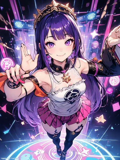 Hosino Ai, gloves, tongue sticking out, tongue, long hair, star (symbol), watch viewer, (purple hair: 1.2), thicc coxa e ass, purple eyes, upper body, hair ornament, ruffles, FULL BODY, pink shirt, smile, sleeveless, shirt, idol, symbol shaped pupil, hands...