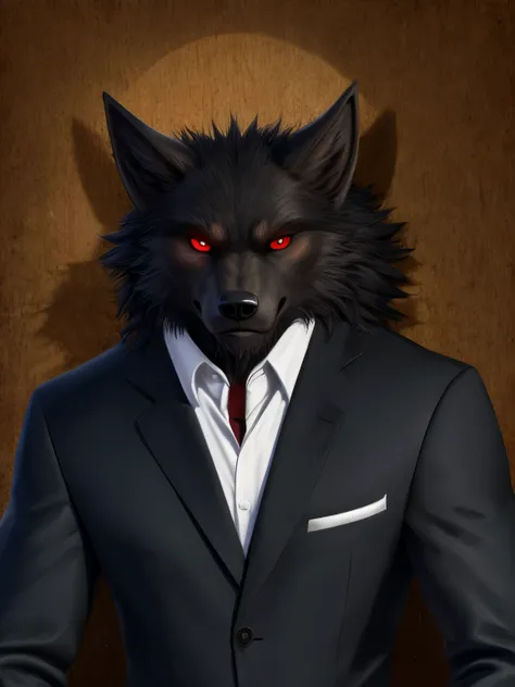 furry avatar, big black werewolf with red eyes, wearing a suit