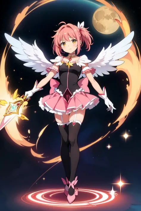 magical girl, star brooch on her chest, sparkling magical girl, beautiful celestial mage, wearing black and pink magical girl costume, full body, cure black, star guardian, Cardcaptor sakura, puella magi madoka magica, thigh highs, wide frilly skirt, long ...