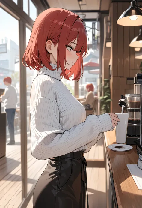 (masterpiece, best quality, 4k, very detailed), long shot, red bob hair, little smile, tall, white loose turtleneck sweater, one woman, waiting coffee, in cafe