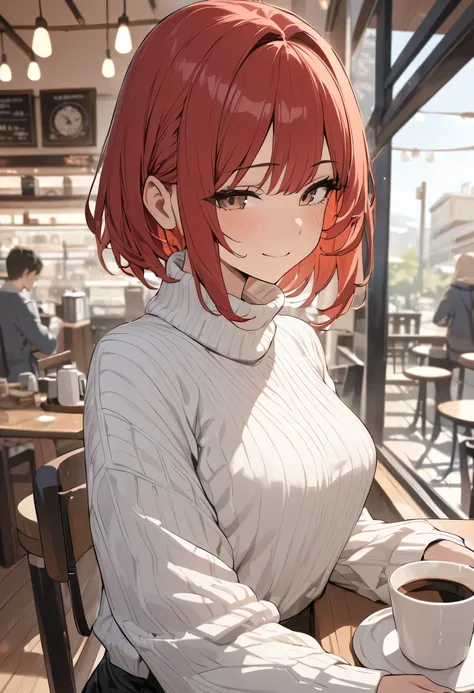 (masterpiece, best quality, 4k, very detailed), wide view, red bob hair, little smile, tall, loose white turtleneck sweater, one woman, waiting coffee, in cafe