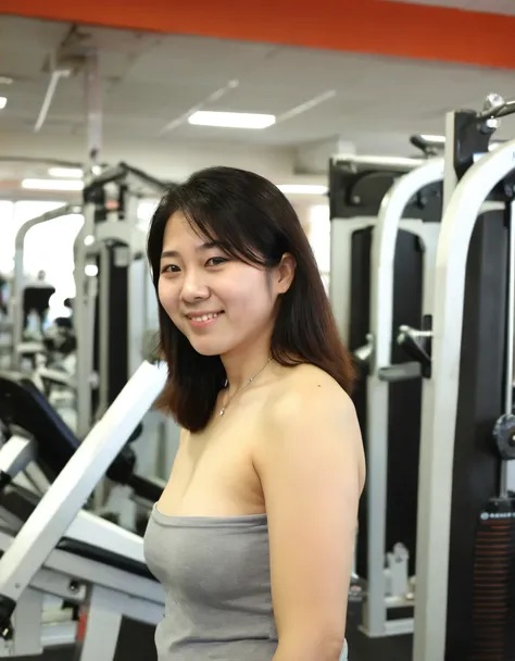 photo of a 18 years old korean woman at gym in 2016. ((((Topless:2.5)))), (nipples:1.2), huge beautiful breasts, navel, 