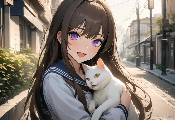 quality, semi-realistic anime, masterpiece, best quality, detailed picture, HD32k, 1girl, brown hair, long hair, purple eyes, sailor outfit, holding cat, open mouth, looking at viewer, smile, morning, shiny hair, 1cat, white cat, outdoor, street, sidewalk,...