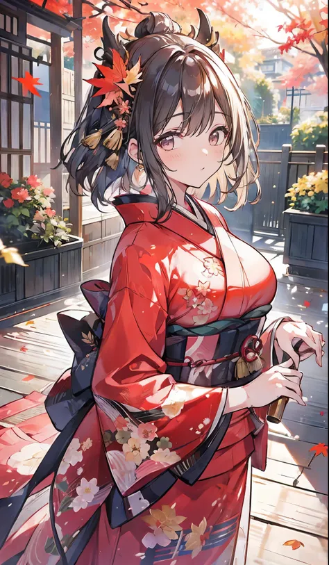 ((kimono,big breasts)),beautiful, best quality,beauty,smile,sunlight pours in,garden,smile,autumn leaves