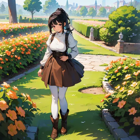 (high quality, High resolution, Very detailed, reality:1.37), Peaceful atmosphere, (Outdoor, garden), Teenage girl standing alone, (My breasts are large.), Beautiful details, Cute Smile, (Black hair ponytail), Ribbed sweater,Brown skirt, Black tights, Brow...