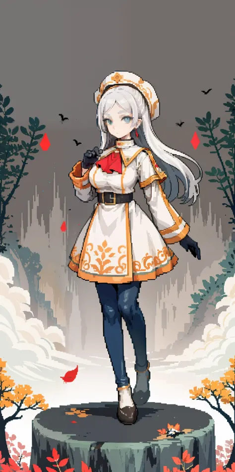 masterpiece, top quality, best quality), pixel,pixel art, 1 girl, full body, doll, white hair, doll joints, bonnet, red ascot, brown cloak, brown dress, gloves, looking at viewer, expressionless, forest, trees, fallen leaves, dark skies, grey sky, desatura...