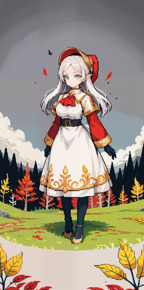 masterpiece, top quality, best quality), pixel,pixel art, 1 girl, full body, doll, white hair, doll joints, bonnet, red ascot, brown cloak, brown dress, gloves, looking at viewer, expressionless, forest, trees, fallen leaves, dark skies, grey sky, desatura...