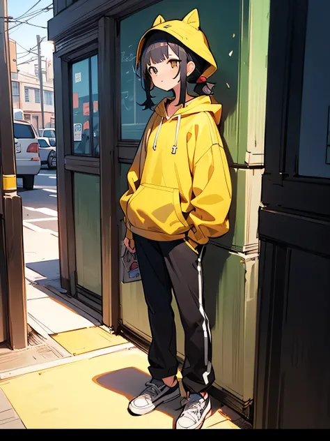 Alone,upperbody,black pigtail,Yellow hoodie、Black mini pants、Shoes、club activities、On the way home、the way、Residential Street、(manga style),(sketch),(illustration),